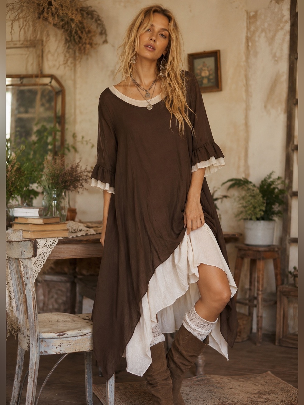 Lady Noiz Brown Cream Layered Tunic L Dress Boho Prairie Cottagecore